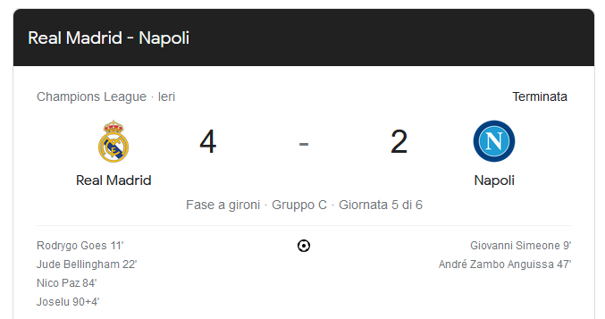 Champions - Real Madrid - Napoli 4 a 2