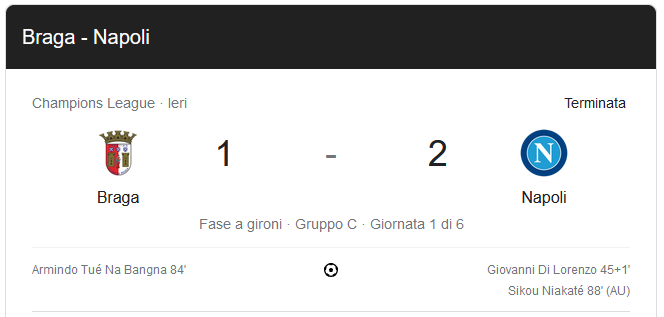 Champions - Braga - Napoli 1 a 2